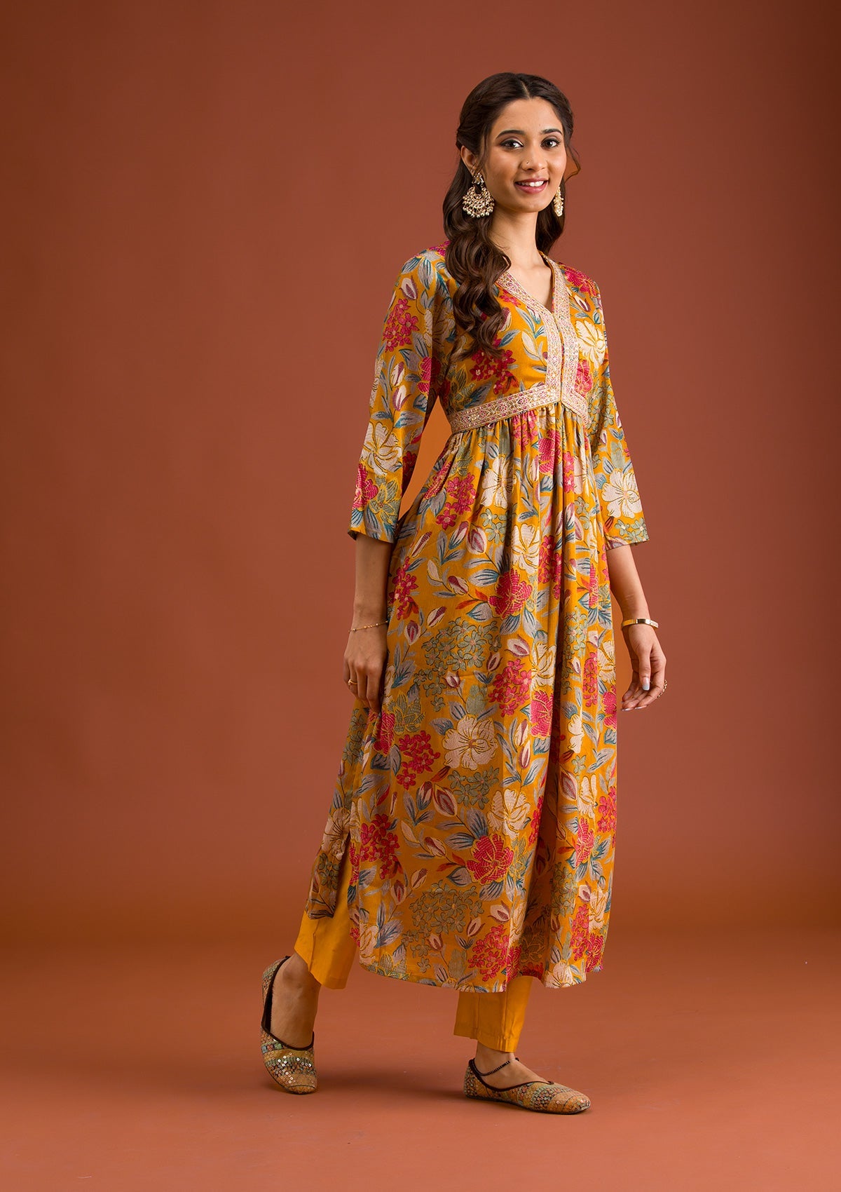 Mustard Printed Semi Crepe Readymade Salwar Suit-Koskii