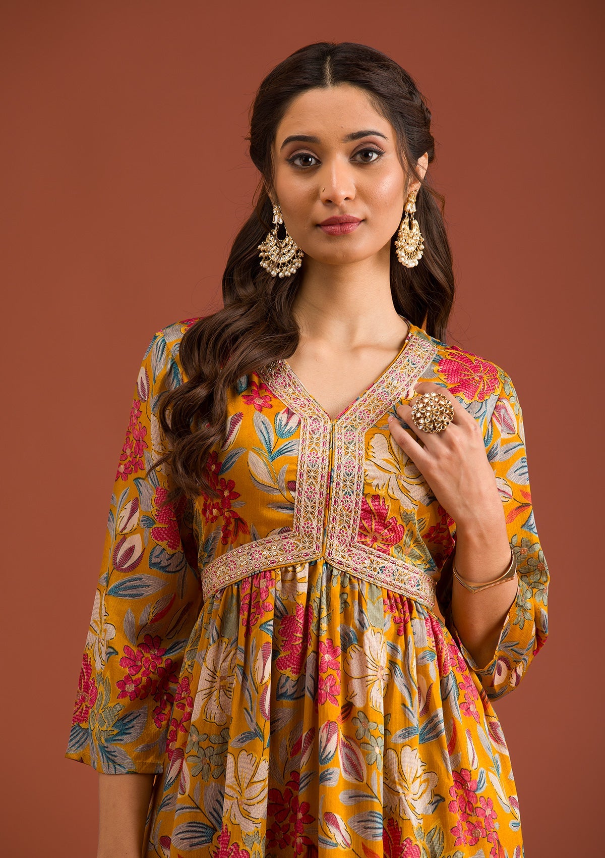 Mustard Printed Semi Crepe Readymade Salwar Suit-Koskii