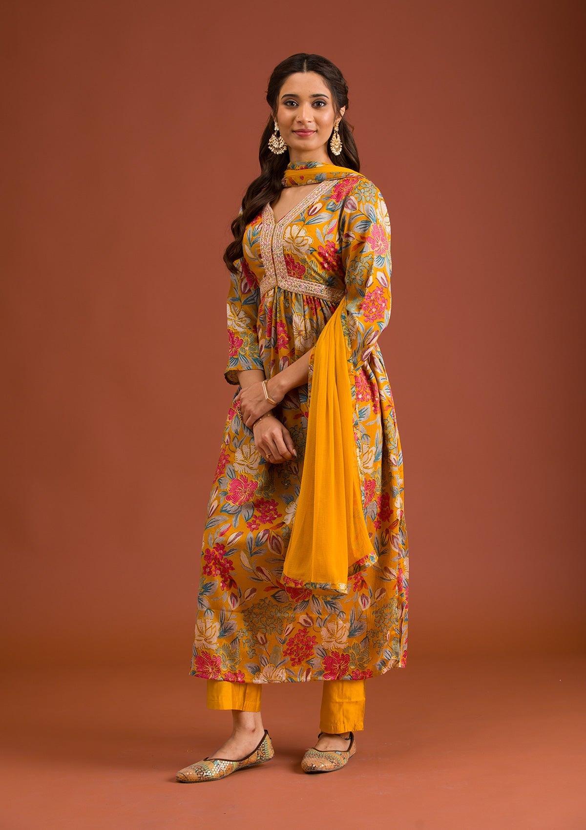 Mustard Printed Semi Crepe Readymade Salwar Suit-Koskii