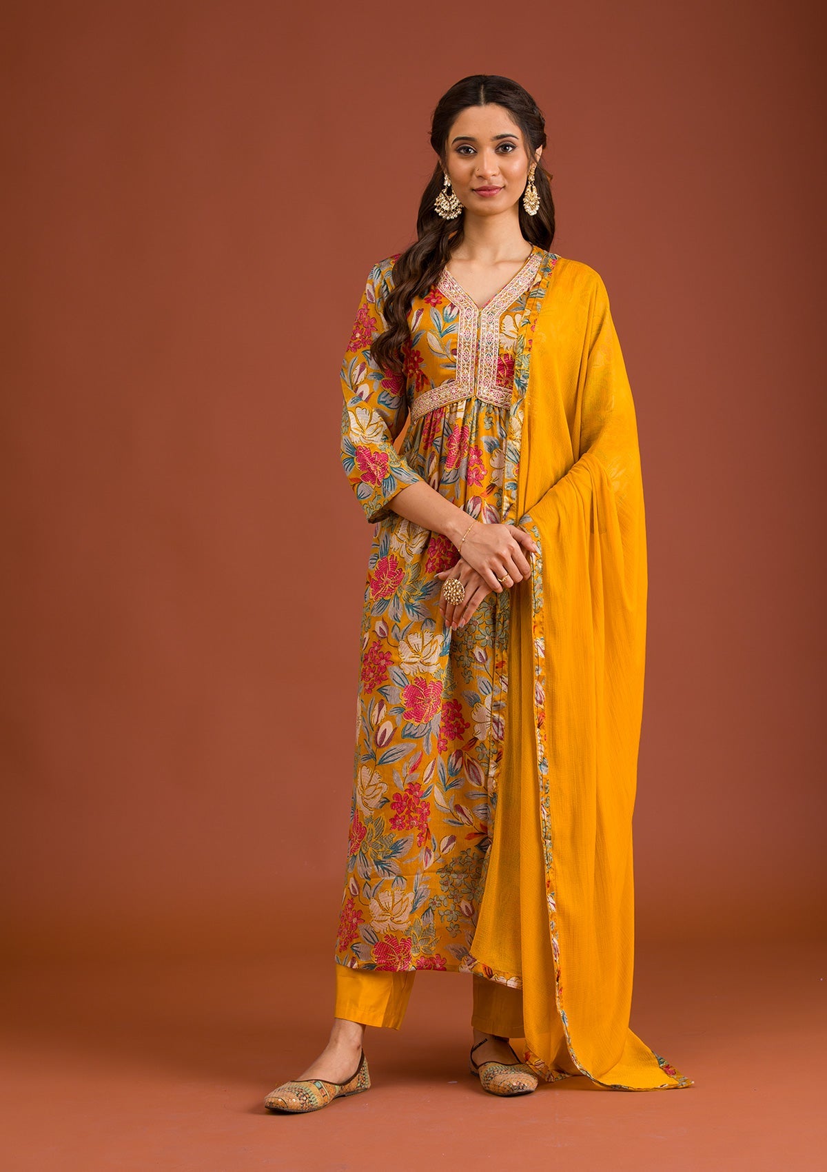 Mustard Printed Semi Crepe Readymade Salwar Suit-Koskii