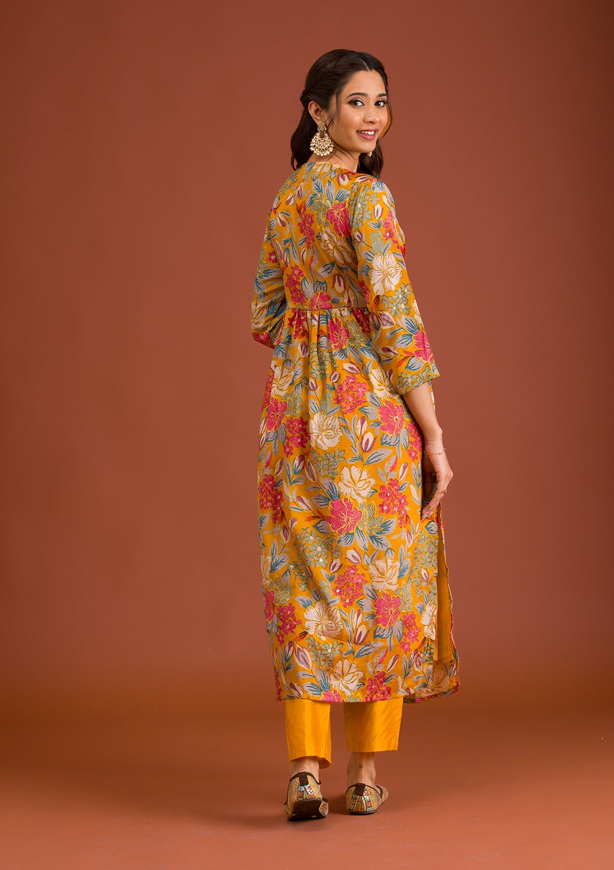 Mustard Printed Semi Crepe Readymade Salwar Suit-Koskii