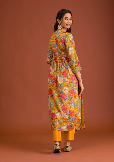 Mustard Printed Semi Crepe Readymade Salwar Suit-Koskii