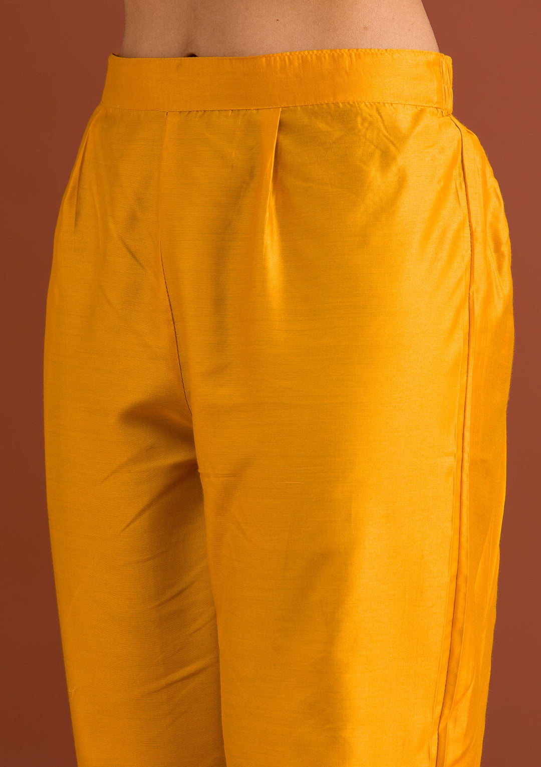 Mustard Printed Semi Crepe Readymade Salwar Suit-Koskii