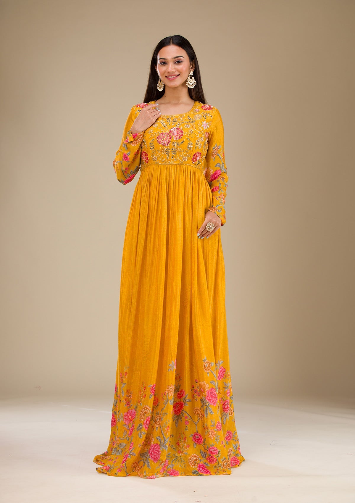 Mustard Printed Semi Crepe Readymade Salwar Suit-Koskii