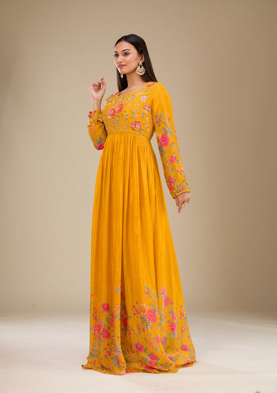 Mustard Printed Semi Crepe Readymade Salwar Suit-Koskii