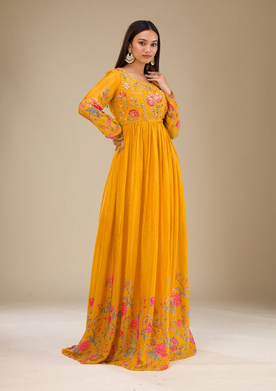 Mustard Printed Semi Crepe Readymade Salwar Suit-Koskii