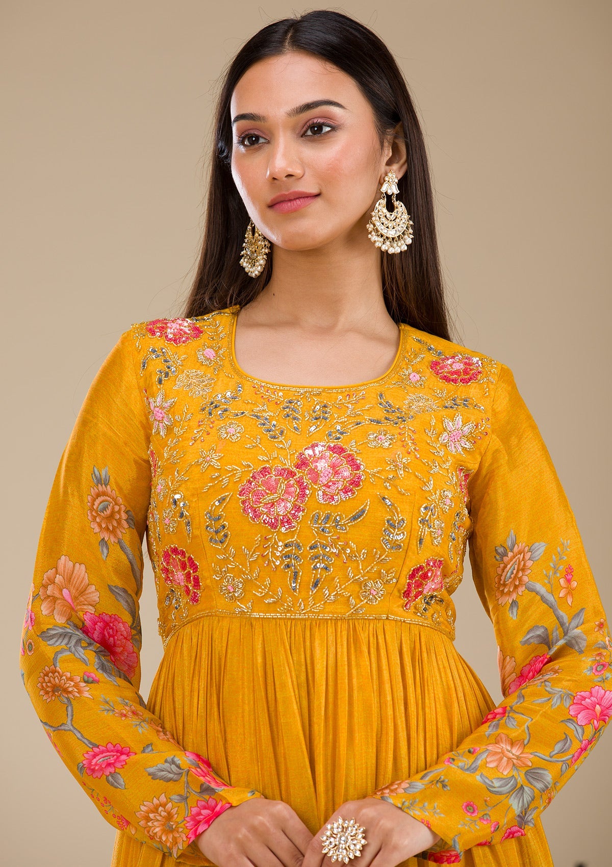 Mustard Printed Semi Crepe Readymade Salwar Suit-Koskii