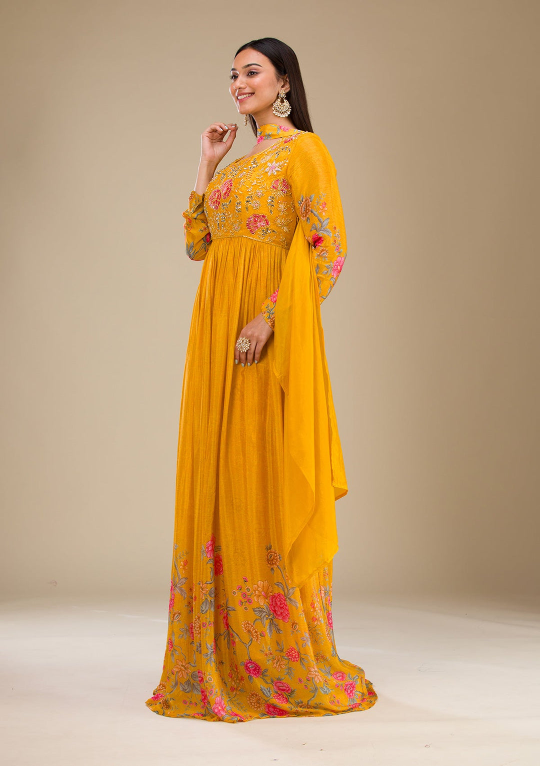 Mustard Printed Semi Crepe Readymade Salwar Suit-Koskii