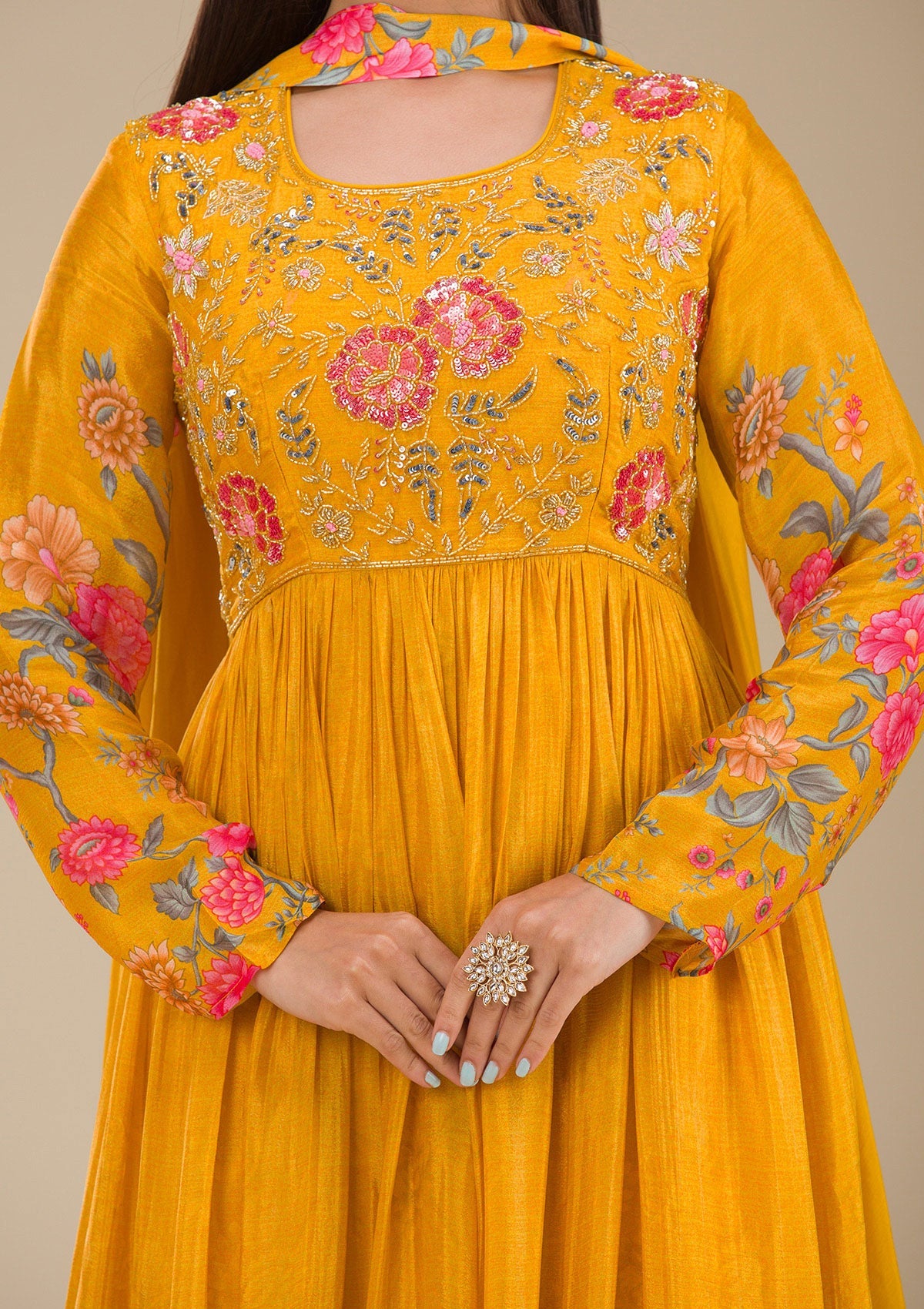 Mustard Printed Semi Crepe Readymade Salwar Suit-Koskii