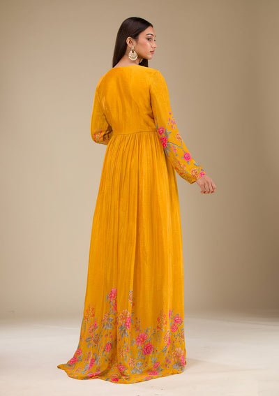 Mustard Printed Semi Crepe Readymade Salwar Suit-Koskii