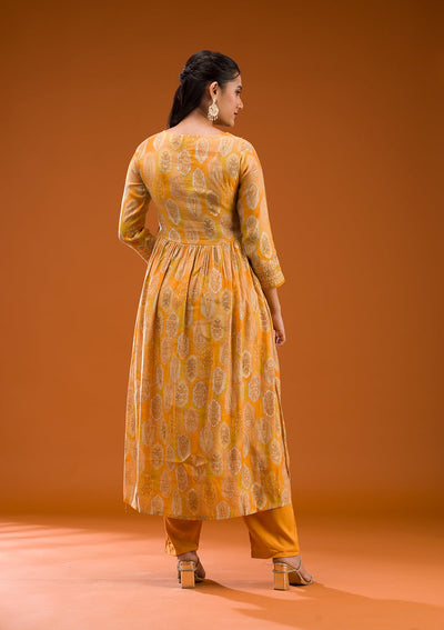 Mustard Printed Semi Crepe Readymade Salwar Suit-Koskii