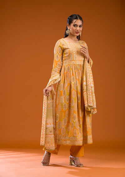 Mustard Printed Semi Crepe Readymade Salwar Suit-Koskii