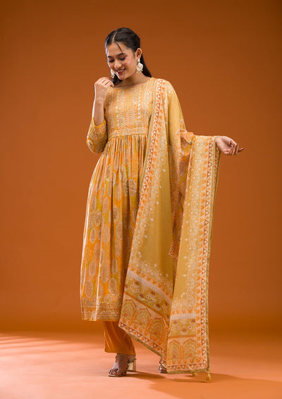 Mustard Printed Semi Crepe Readymade Salwar Suit-Koskii