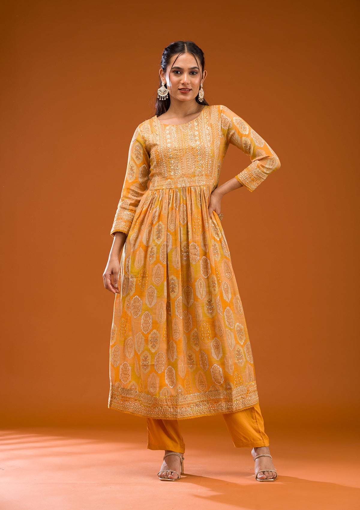 Mustard Printed Semi Crepe Readymade Salwar Suit-Koskii