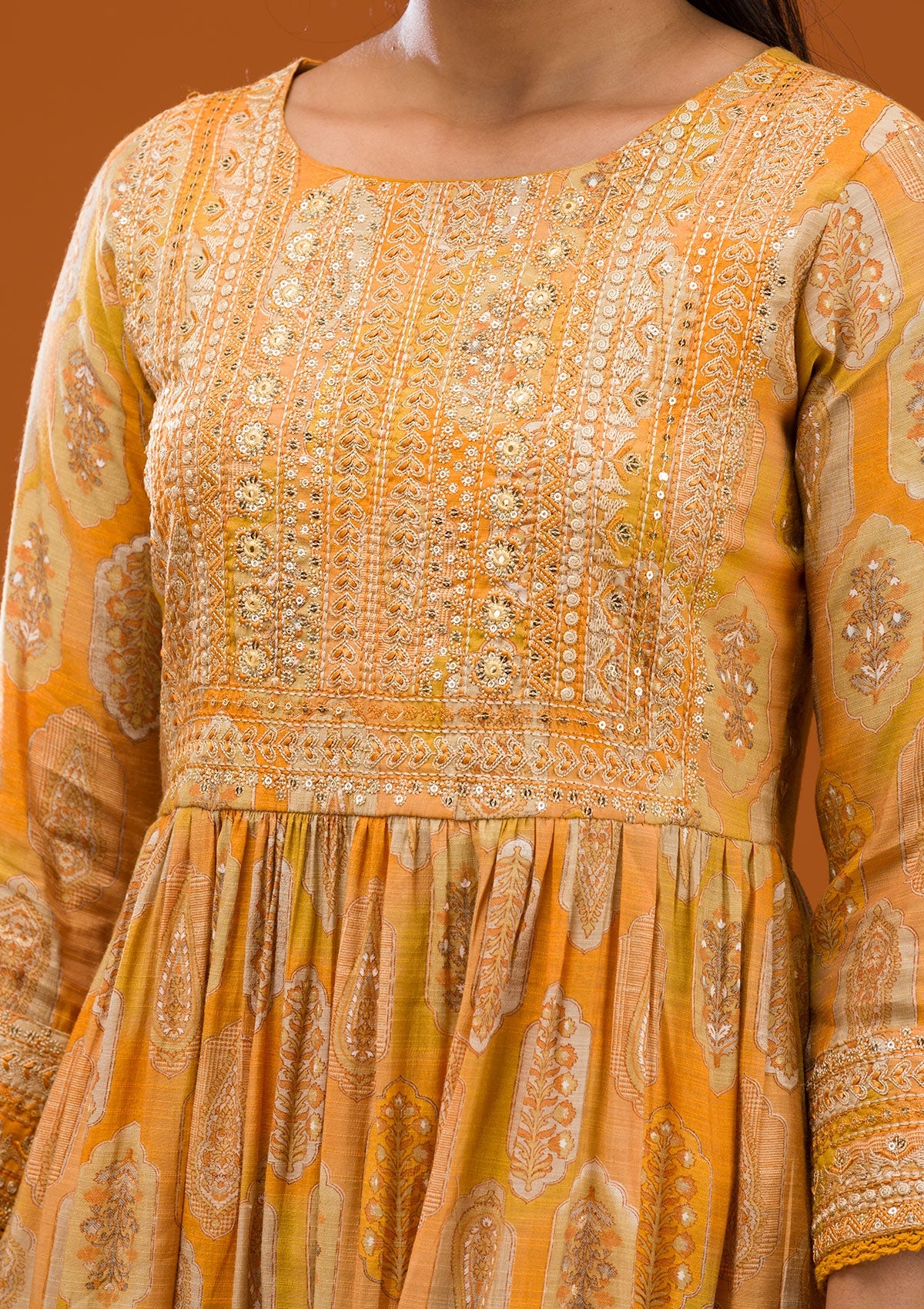 Mustard Printed Semi Crepe Readymade Salwar Suit-Koskii