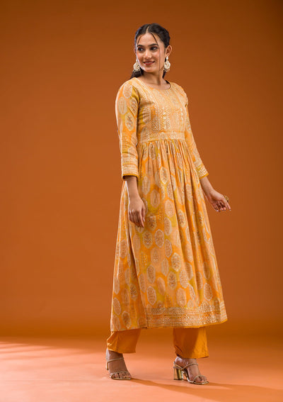 Mustard Printed Semi Crepe Readymade Salwar Suit-Koskii