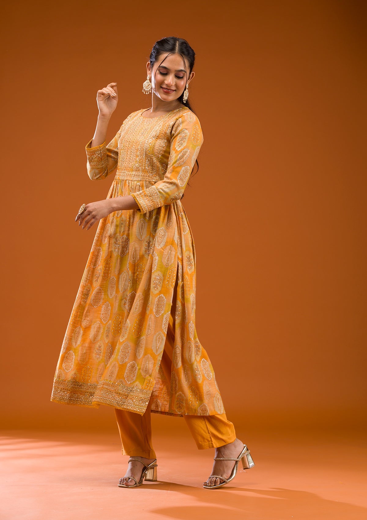 Mustard Printed Semi Crepe Readymade Salwar Suit-Koskii