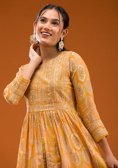 Mustard Printed Semi Crepe Readymade Salwar Suit-Koskii