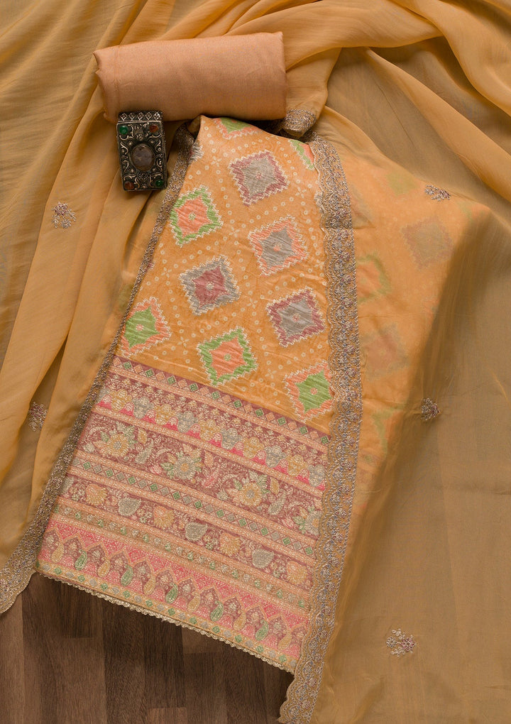 Mustard Printed Semi Crepe Unstitched Salwar Suit-Koskii