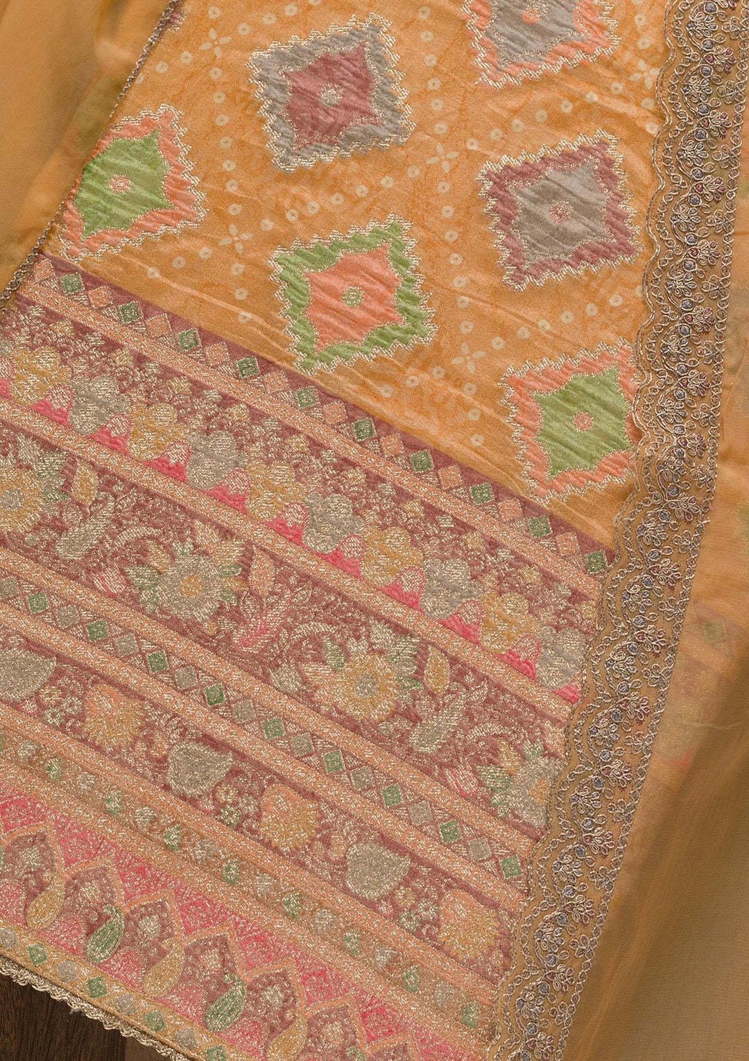 Mustard Printed Semi Crepe Unstitched Salwar Suit-Koskii