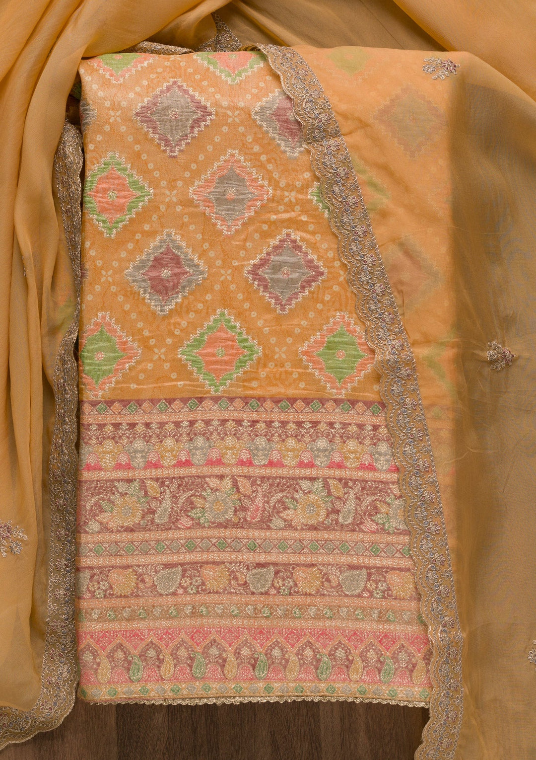 Mustard Printed Semi Crepe Unstitched Salwar Suit-Koskii