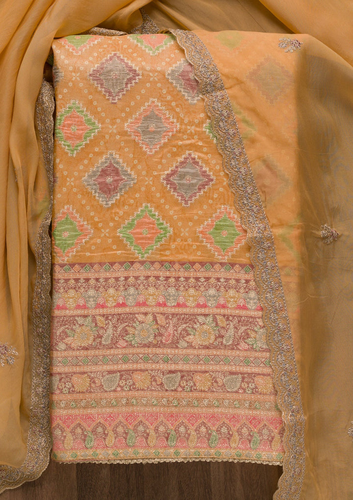 Mustard Printed Semi Crepe Unstitched Salwar Suit-Koskii