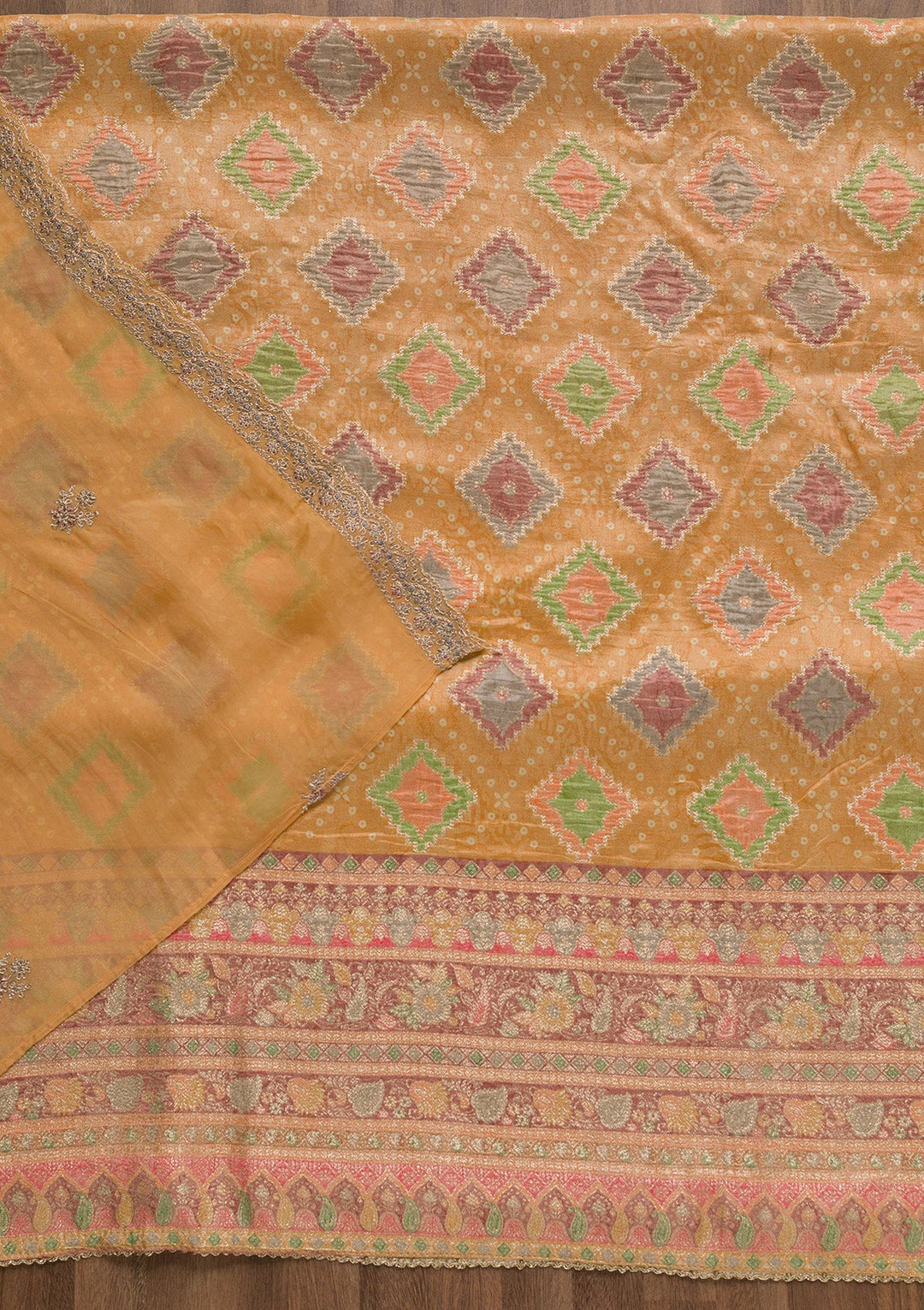 Mustard Printed Semi Crepe Unstitched Salwar Suit-Koskii
