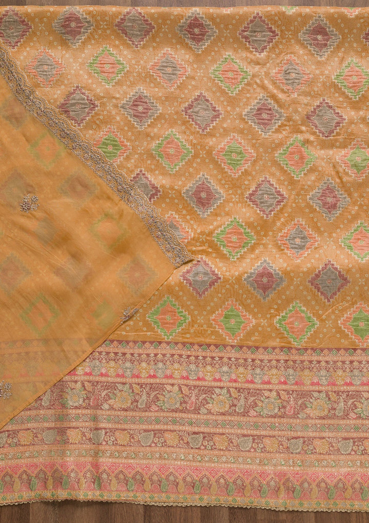 Mustard Printed Semi Crepe Unstitched Salwar Suit-Koskii