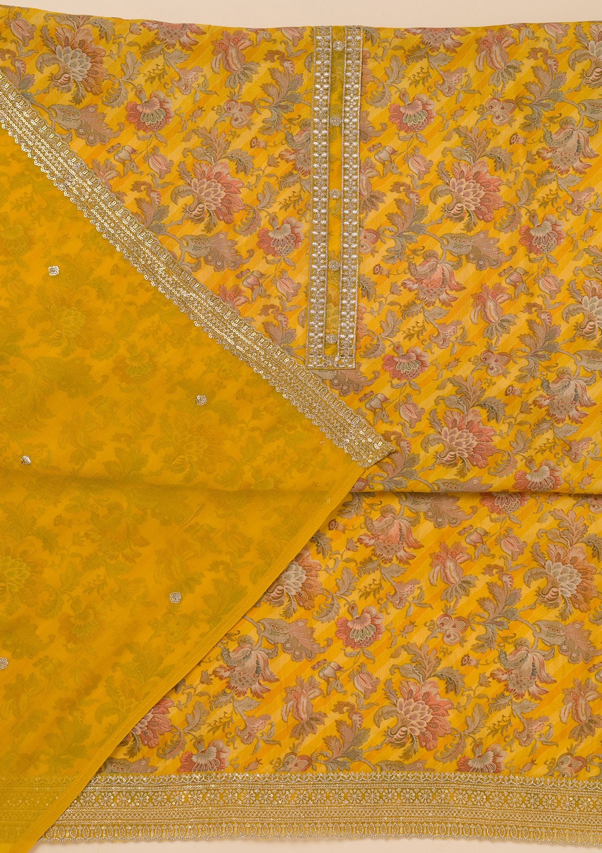 Mustard Printed Semi Crepe Unstitched Salwar Suit-Koskii