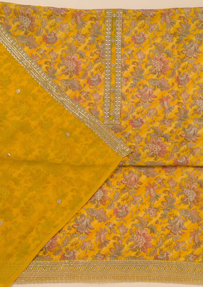 Mustard Printed Semi Crepe Unstitched Salwar Suit-Koskii