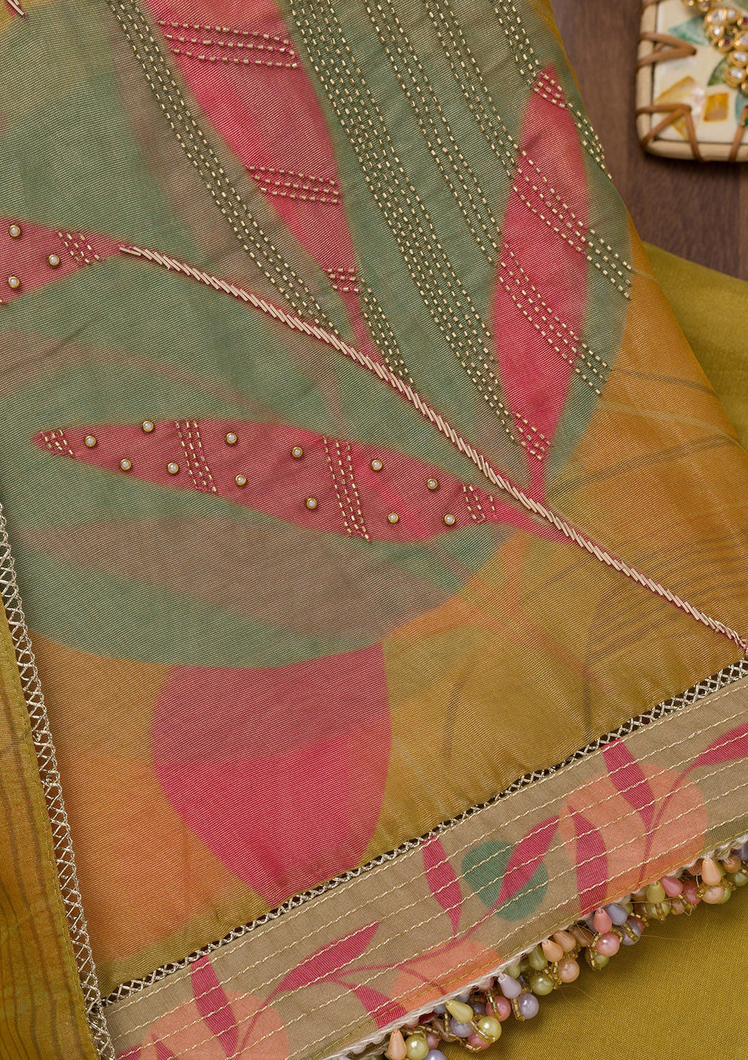 Mustard Printed Semi Crepe Unstitched Salwar Suit-Koskii