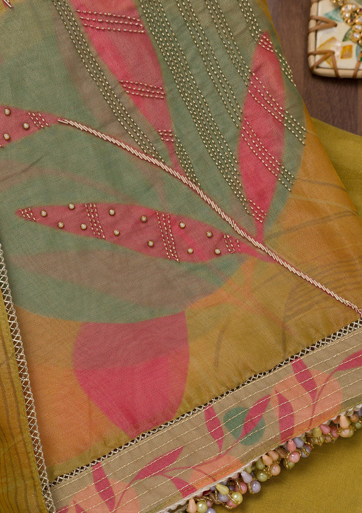 Mustard Printed Semi Crepe Unstitched Salwar Suit-Koskii