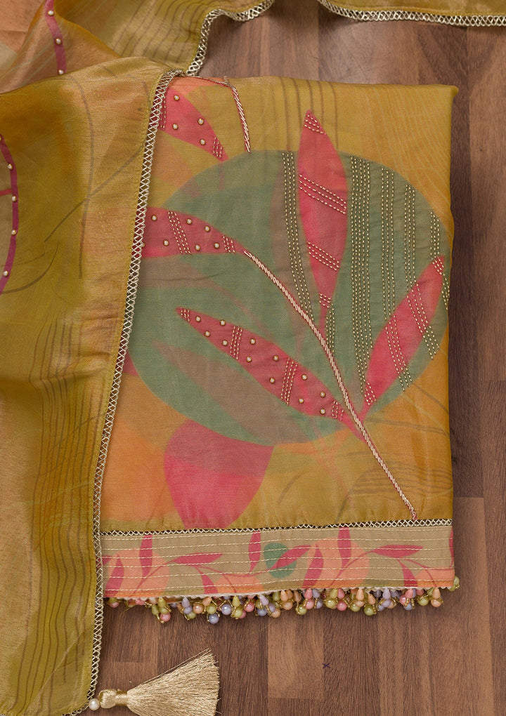 Mustard Printed Semi Crepe Unstitched Salwar Suit-Koskii