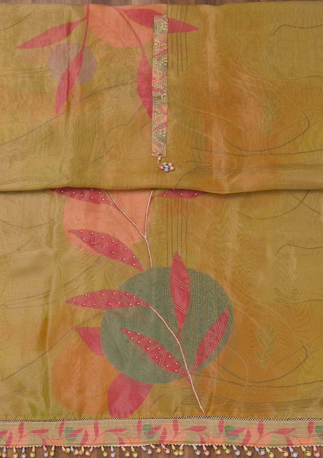 Mustard Printed Semi Crepe Unstitched Salwar Suit-Koskii