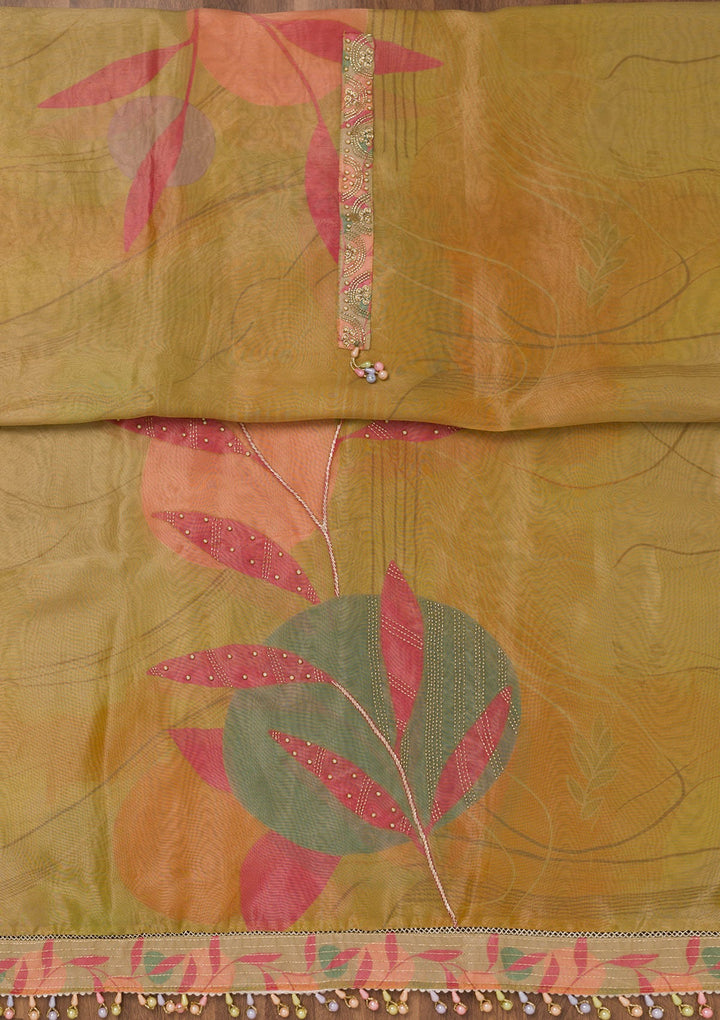 Mustard Printed Semi Crepe Unstitched Salwar Suit-Koskii