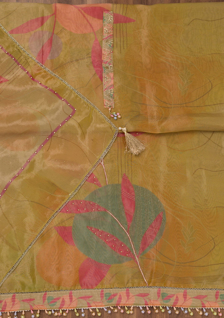 Mustard Printed Semi Crepe Unstitched Salwar Suit-Koskii