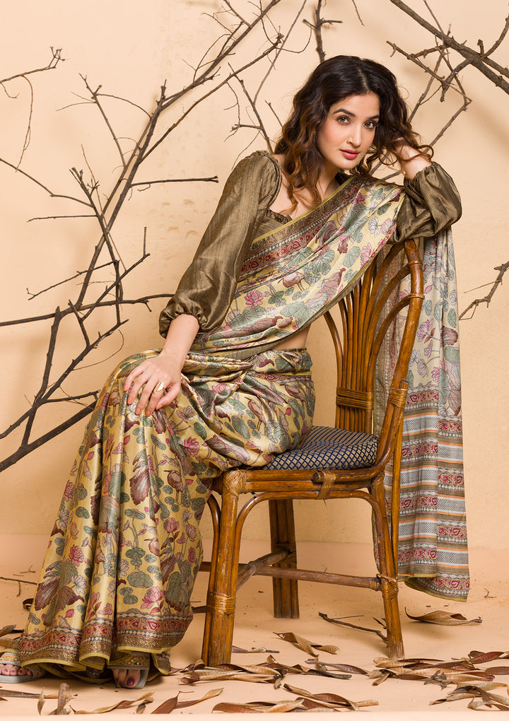 Lemon Yellow Floral Printed Semi Crepe Saree-Koskii