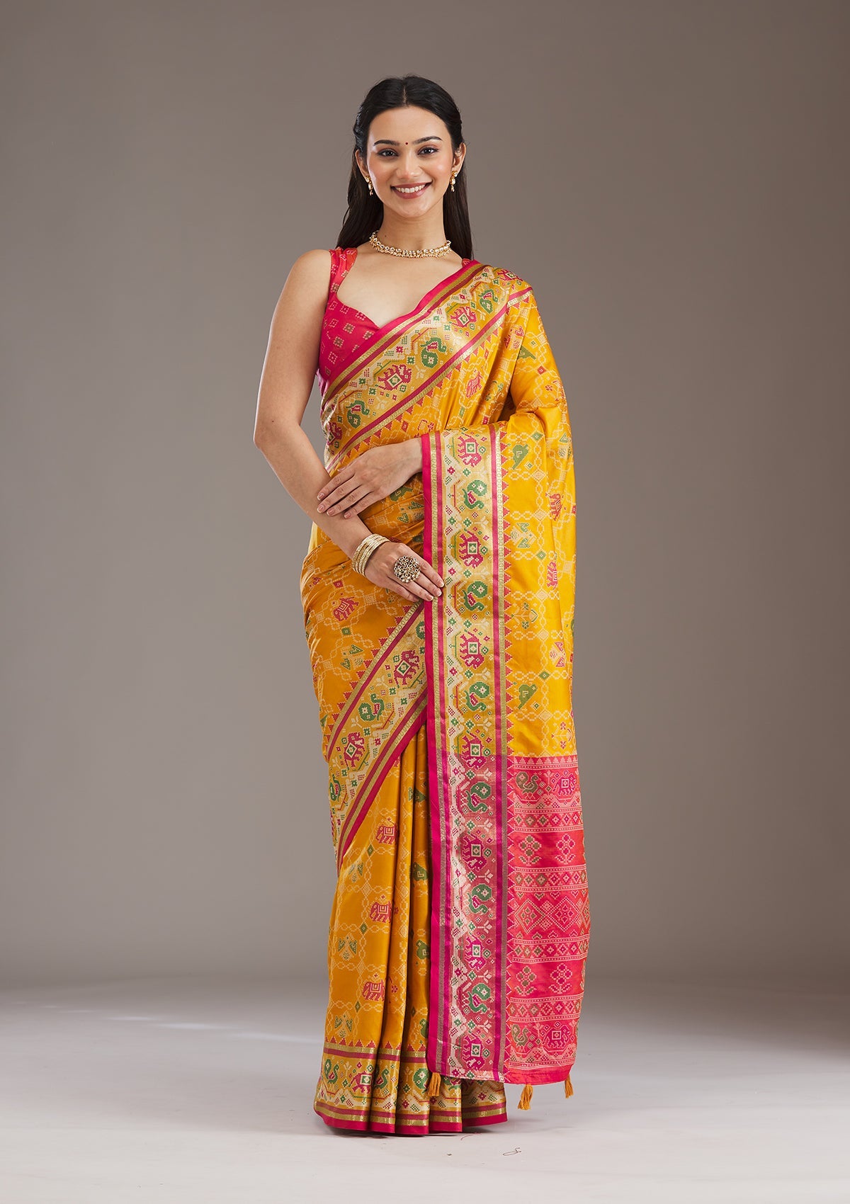 Mustard Printed Silk Saree-Koskii