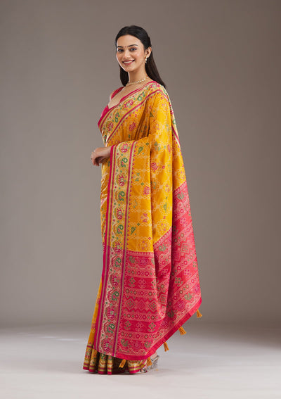 Mustard Printed Silk Saree-Koskii