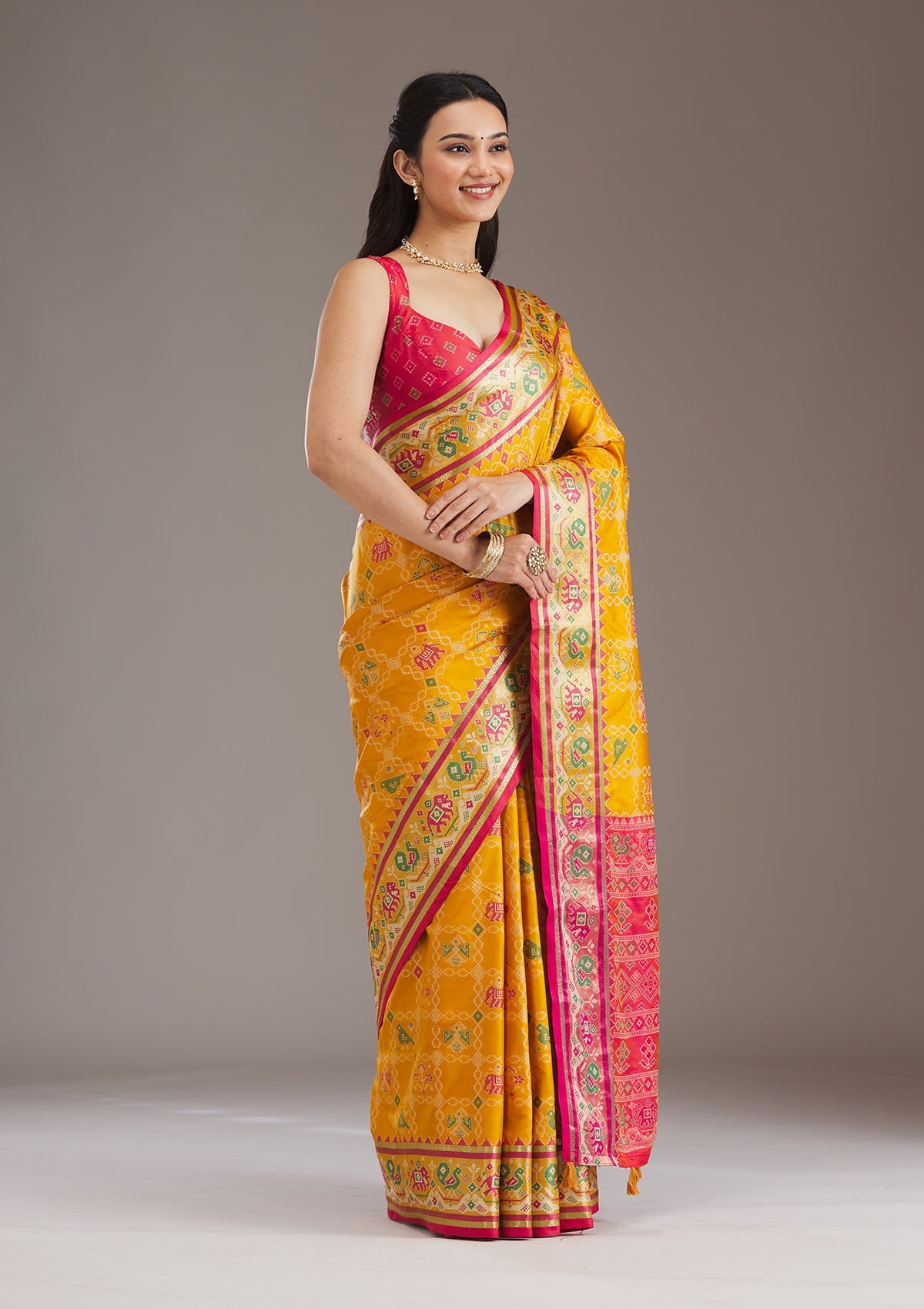 Mustard Printed Silk Saree-Koskii