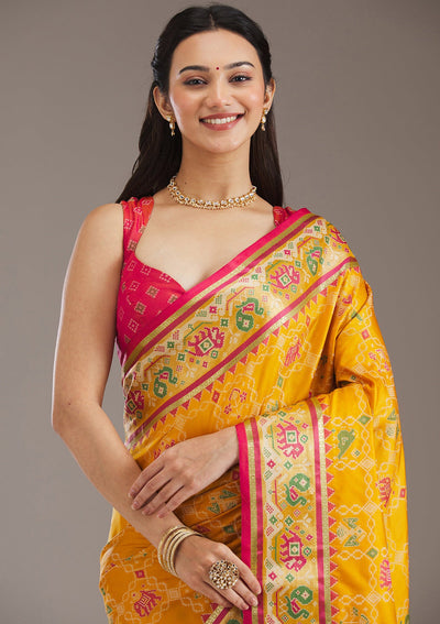 Mustard Printed Silk Saree-Koskii