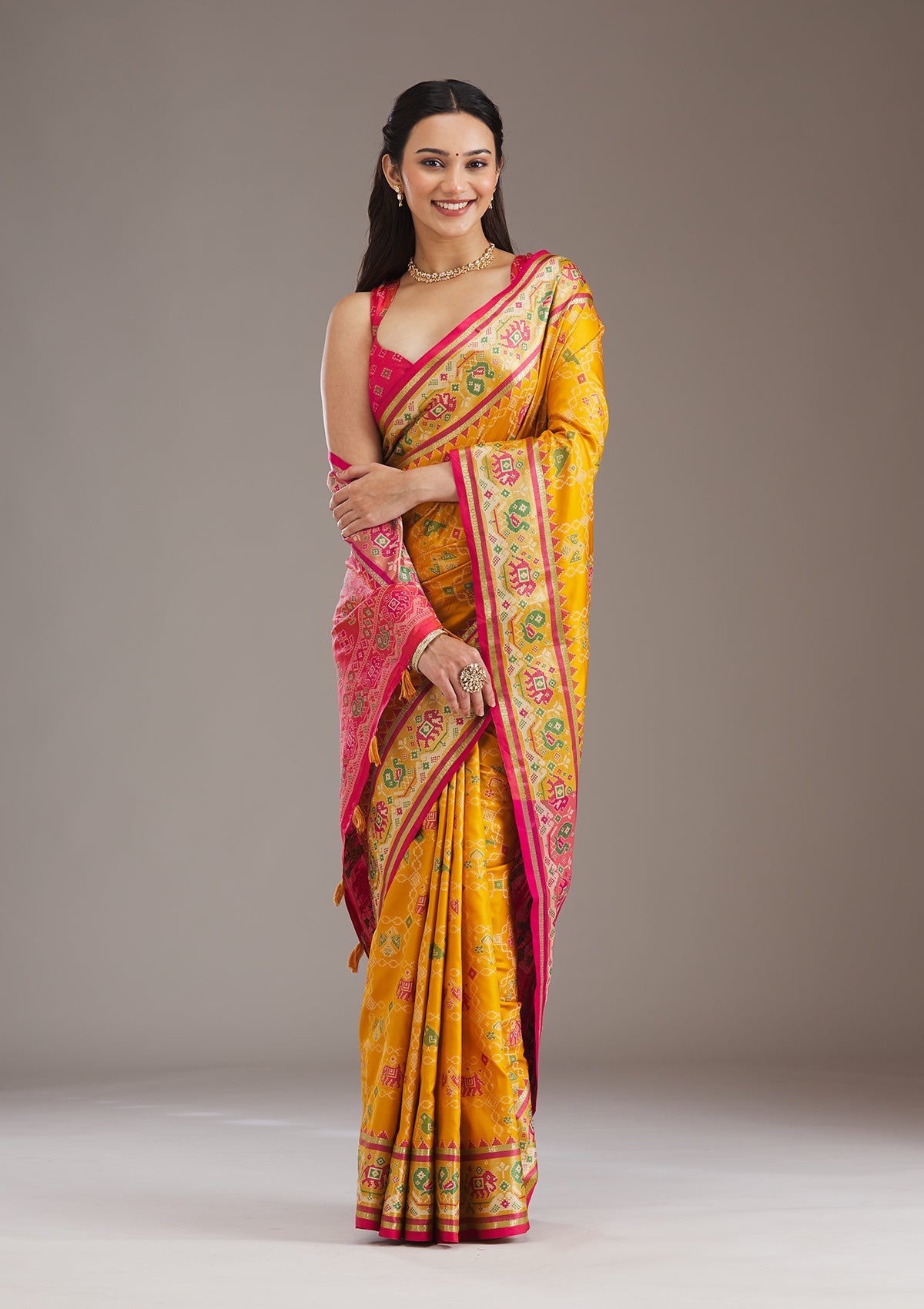 Mustard Printed Silk Saree-Koskii