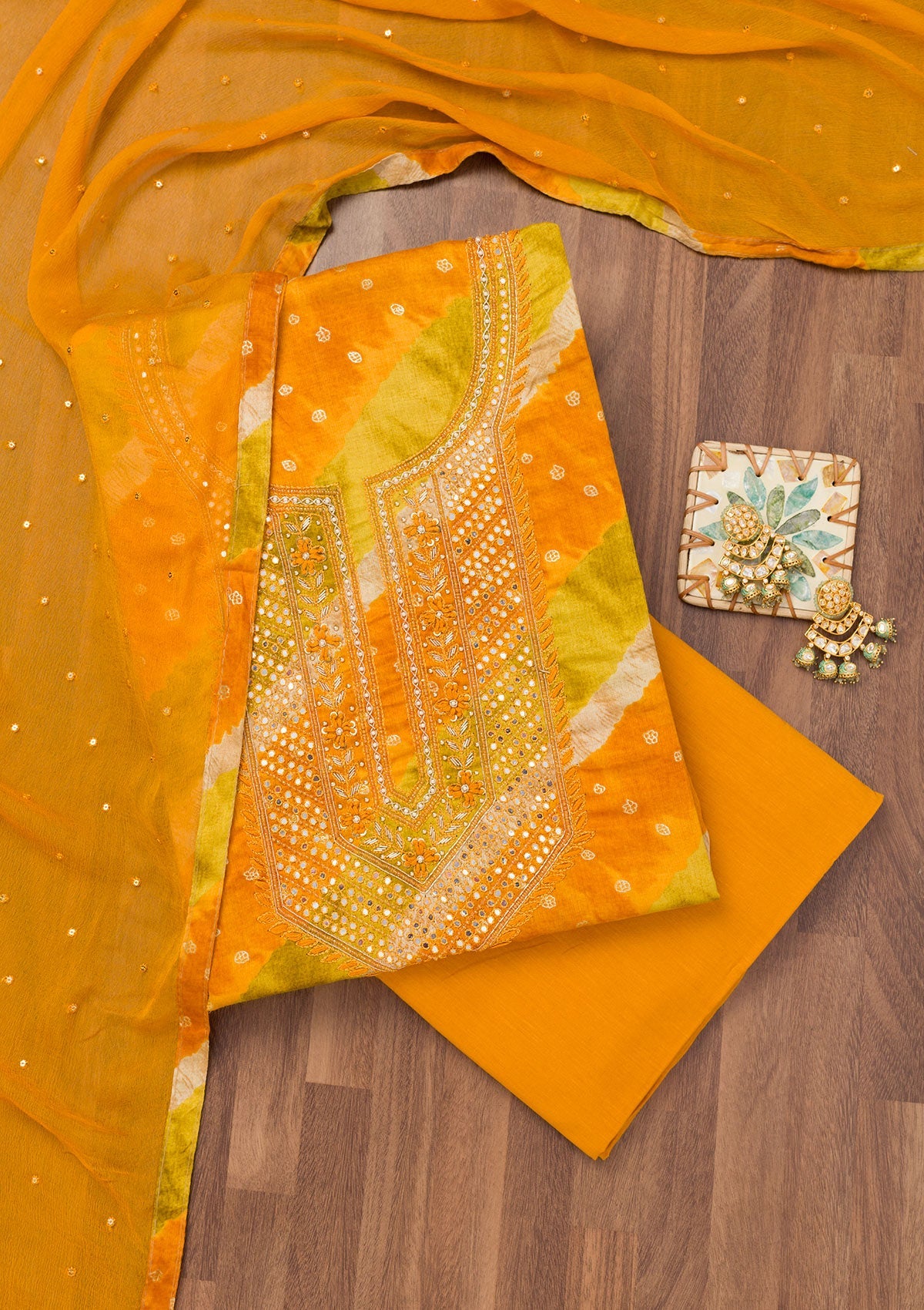 Mustard Printed Soft Silk Unstitched Salwar Suit-Koskii