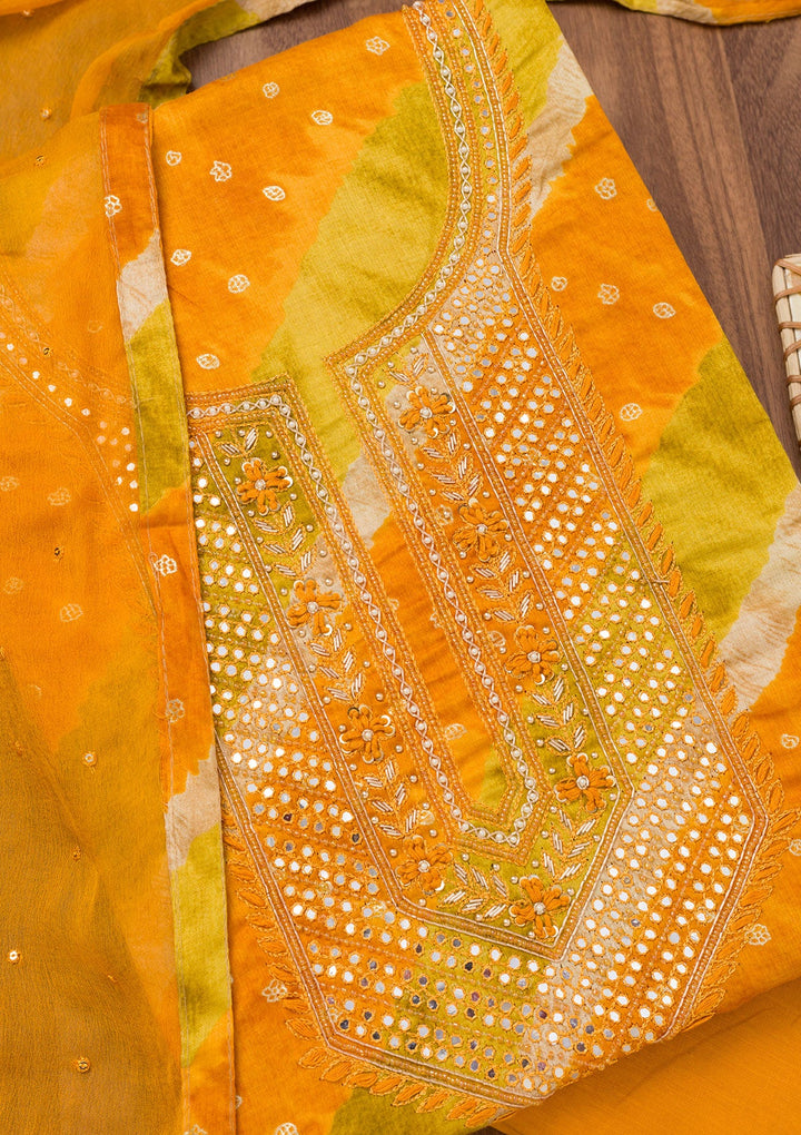 Mustard Printed Soft Silk Unstitched Salwar Suit-Koskii