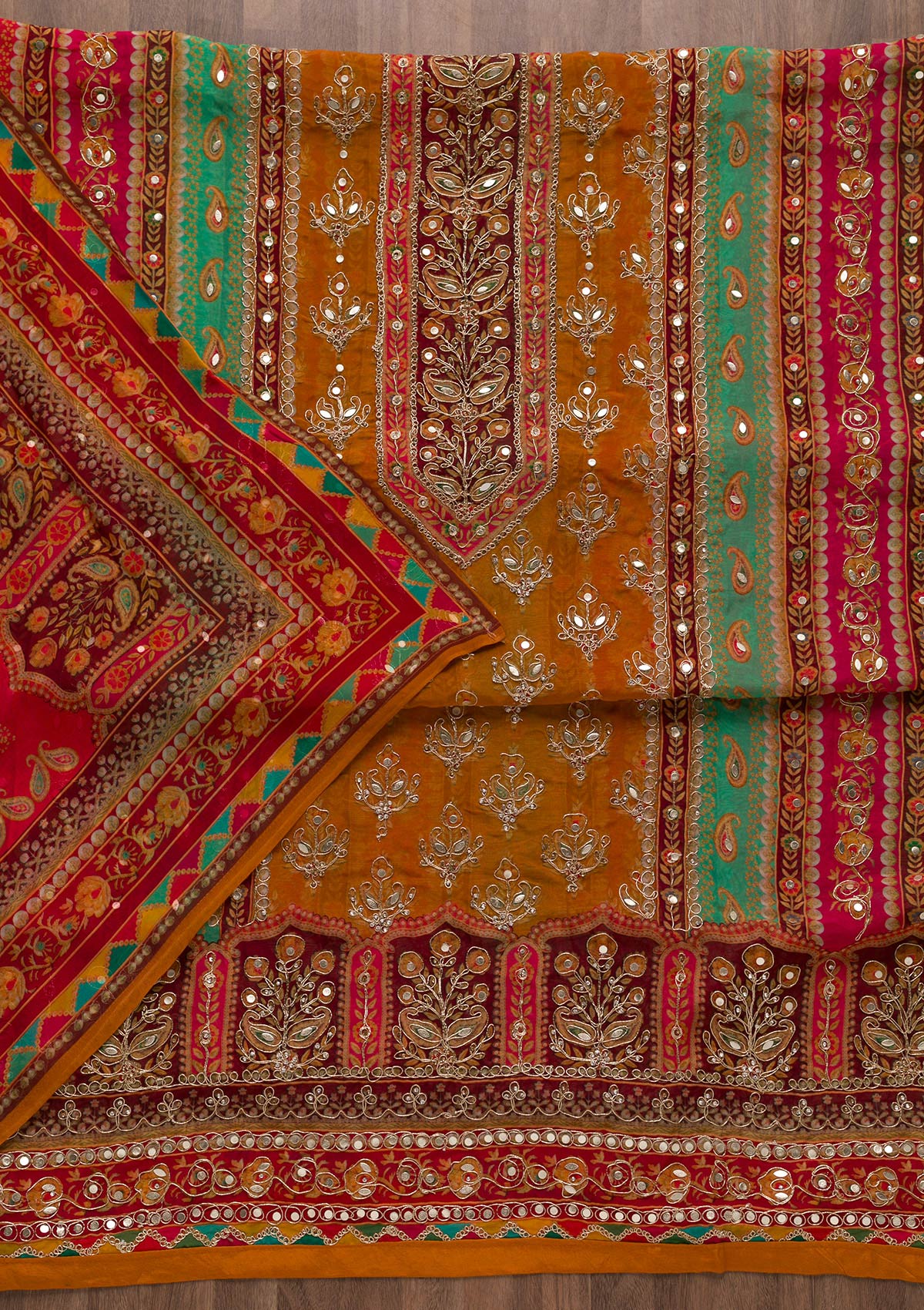 Mustard Printed Tissue Unstitched Salwar Suit-Koskii