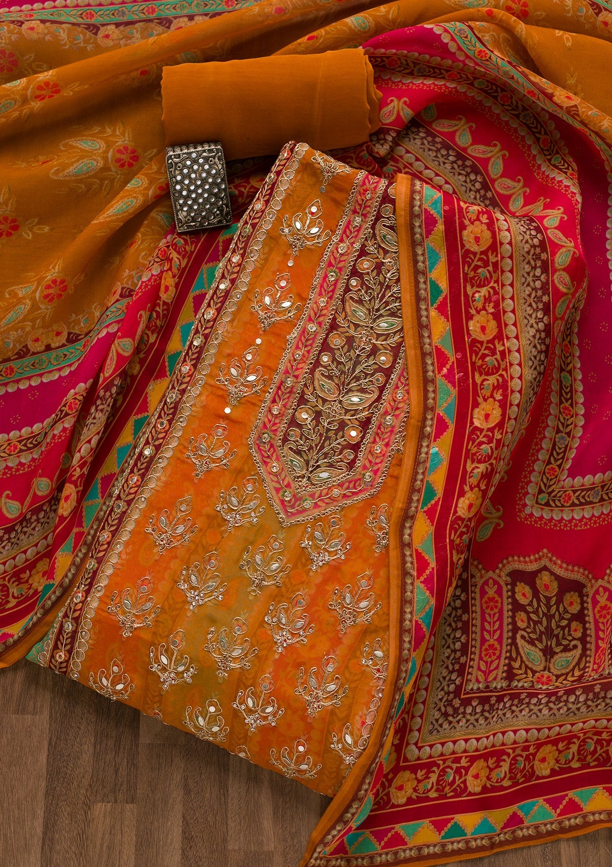 Mustard Printed Tissue Unstitched Salwar Suit-Koskii