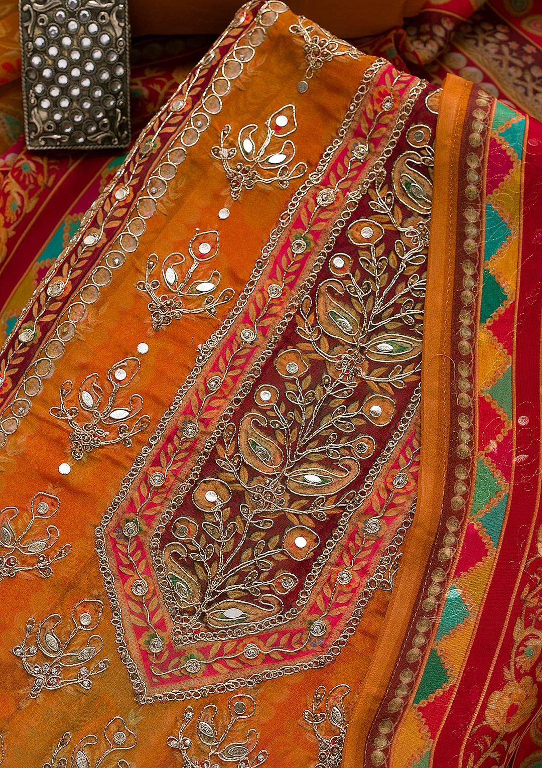 Mustard Printed Tissue Unstitched Salwar Suit-Koskii