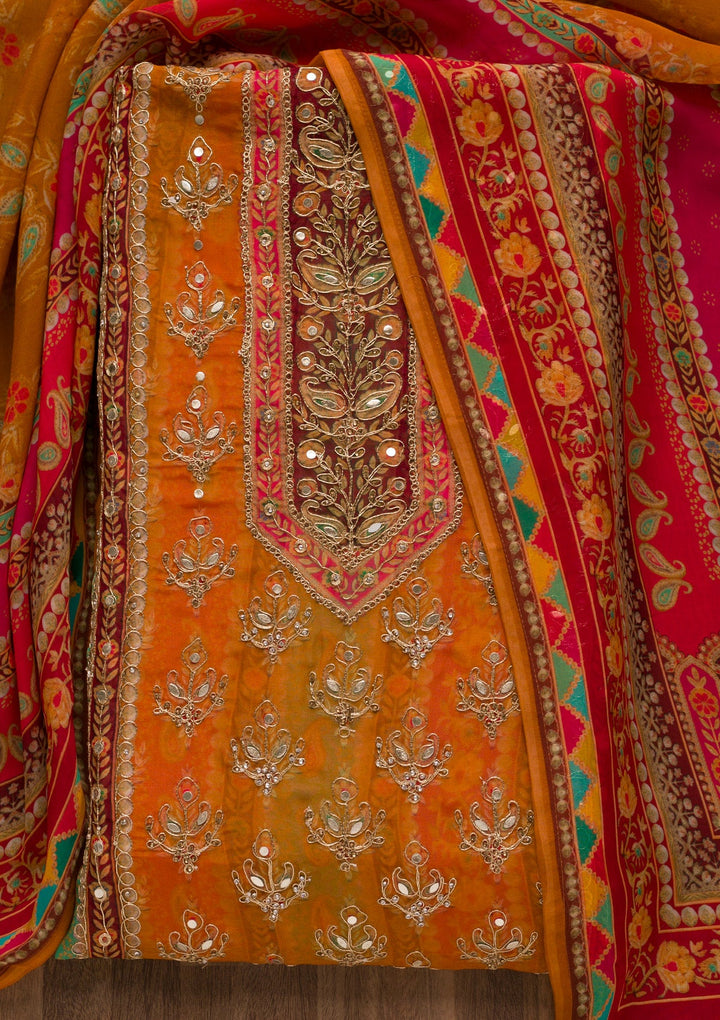 Mustard Printed Tissue Unstitched Salwar Suit-Koskii