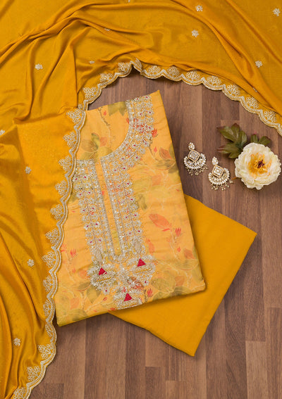 Mustard Printed Tissue Unstitched Salwar Suit-Koskii