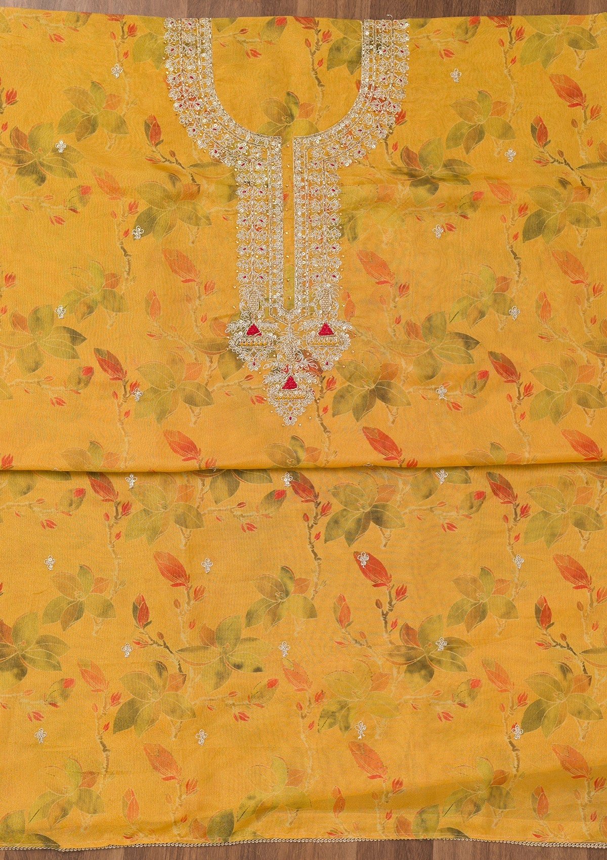 Mustard Printed Tissue Unstitched Salwar Suit-Koskii